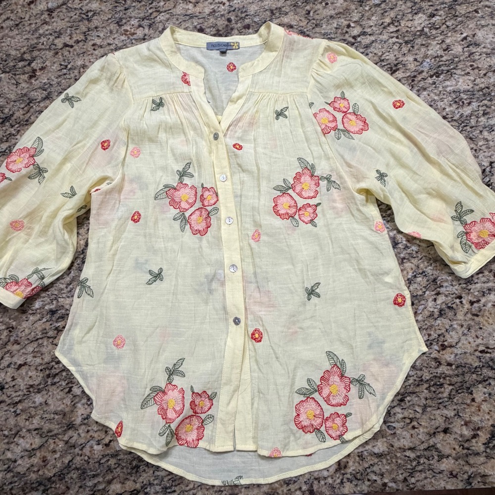 Figueroa & Flower Women Large Yellow Floral Embroidered Button Blouse 3/4 Sleeve